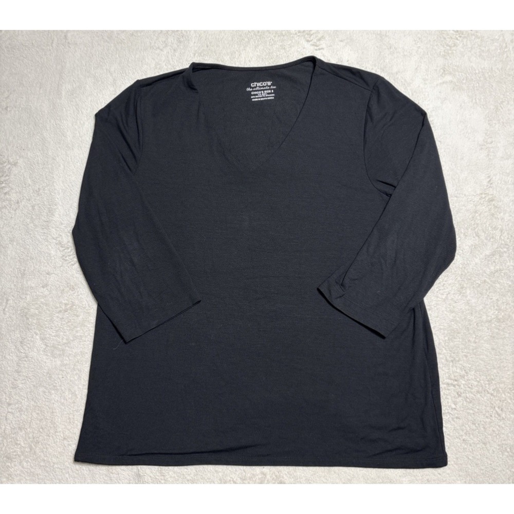 Chico's Top Ultimate Tee T Shirt Womens Large 2 Black 3/4 Sleeve V-Neck